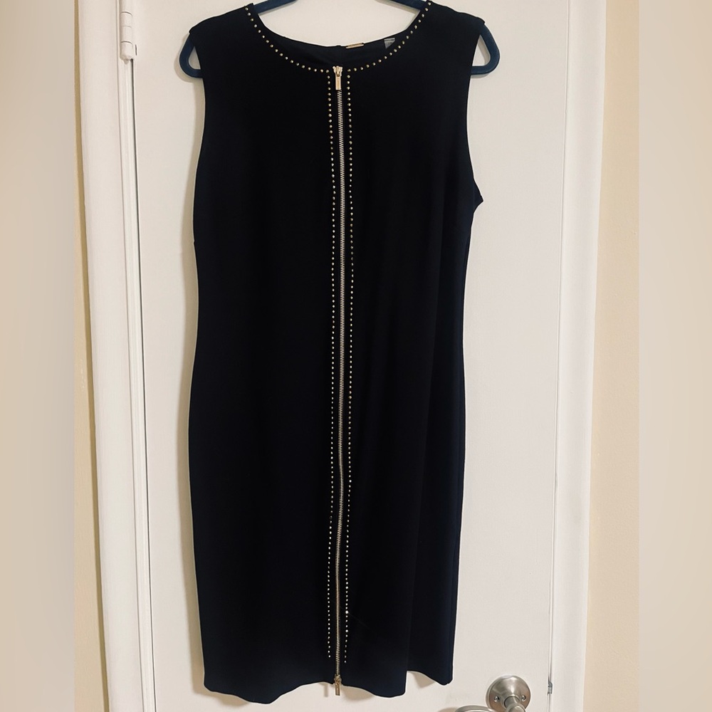 Tahari Black Zip Up Dress With Gold Detailing